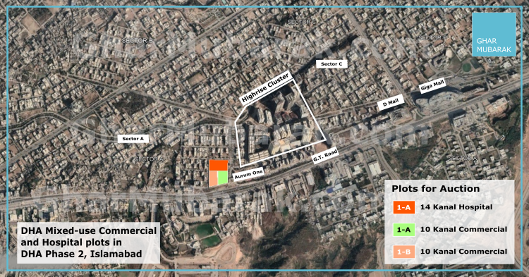 Location map for DHA Islamabad commercial and hospital plots for open auction on June 12 and 13 2023 at Jacaranda Family Club, Sector E, DHA 2, Islamabad.