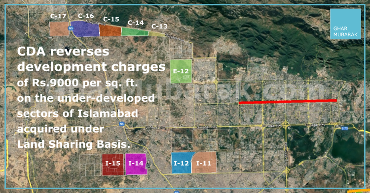 Blog post image_CDA reverses development charges on under developed sectors of Islamabad Islamabad map showing sectors imposed with development charges by CDA including sectors E-12, C-13, C-14, C-15, C-16, C-17, I-11, I-12, I-14, I-15 across Islamabad.